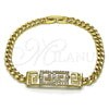 Oro Laminado Fancy Bracelet, Gold Filled Style Greek Key and Miami Cuban Design, with White Micro Pave, Polished, Golden Finish, 03.283.0298.08 (05 MM Thickness, 8 Inches Length)