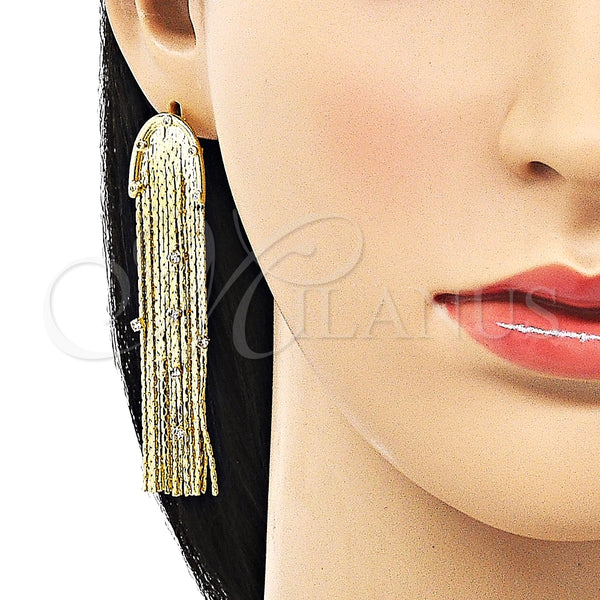 Oro Laminado Long Earring, Gold Filled Style with White Crystal, Diamond Cutting Finish, Golden Finish, 02.341.0142