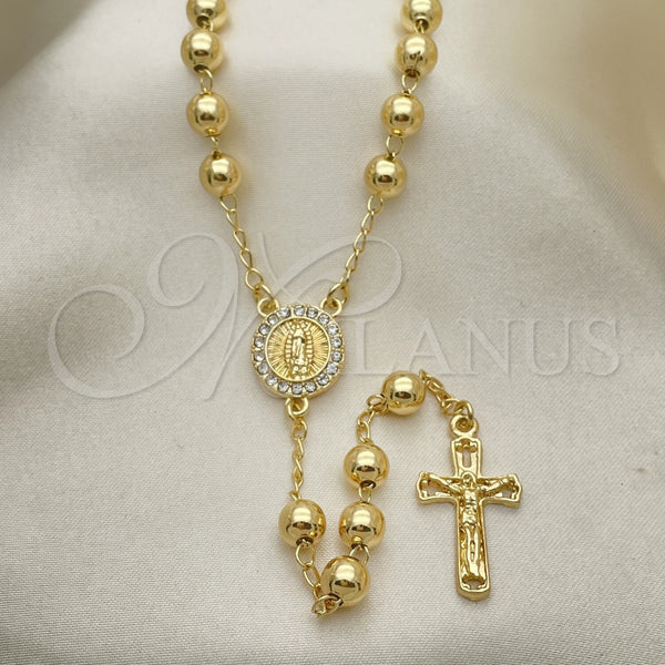 Oro Laminado Medium Rosary, Gold Filled Style Guadalupe and Crucifix Design, with White Crystal, Polished, Golden Finish, 09.213.0038.26