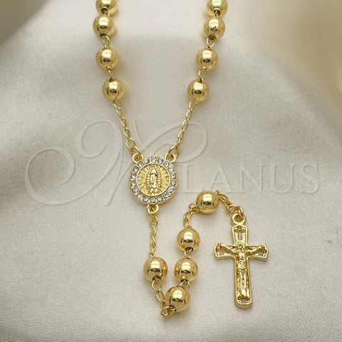 Oro Laminado Medium Rosary, Gold Filled Style Guadalupe and Crucifix Design, with White Crystal, Polished, Golden Finish, 09.213.0038.26