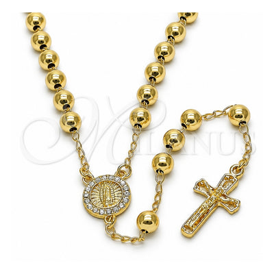 Oro Laminado Medium Rosary, Gold Filled Style Guadalupe and Crucifix Design, with White Crystal, Polished, Golden Finish, 09.213.0038.26