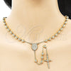 Oro Laminado Medium Rosary, Gold Filled Style San Lazaro and Crucifix Design, Polished, Golden Finish, 09.213.0019.26