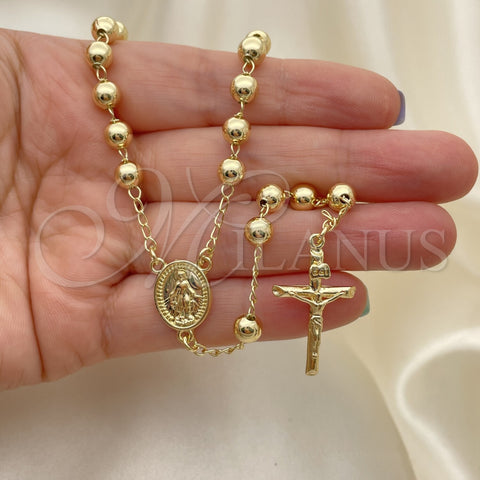 Oro Laminado Medium Rosary, Gold Filled Style San Lazaro and Crucifix Design, Polished, Golden Finish, 09.213.0019.26