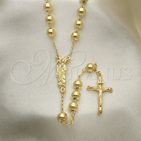 Oro Laminado Medium Rosary, Gold Filled Style San Judas and Crucifix Design, Polished, Golden Finish, 09.213.0043.26
