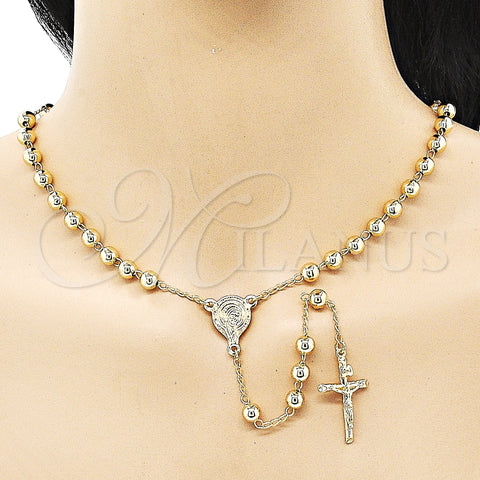 Oro Laminado Medium Rosary, Gold Filled Style Sagrado Corazon de Maria and Crucifix Design, Polished, Golden Finish, 09.213.0044.26