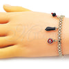 Oro Laminado Charm Bracelet, Gold Filled Style Figa Hand and Evil Eye Design, with Black and Garnet Crystal, Red Enamel Finish, Golden Finish, 03.213.0215.08 (05 MM Thickness, 8 Inches Length)