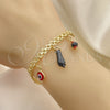 Oro Laminado Charm Bracelet, Gold Filled Style Figa Hand and Evil Eye Design, with Black and Garnet Crystal, Red Enamel Finish, Golden Finish, 03.213.0215.08 (05 MM Thickness, 8 Inches Length)