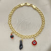 Oro Laminado Charm Bracelet, Gold Filled Style Figa Hand and Evil Eye Design, with Black and Garnet Crystal, Red Enamel Finish, Golden Finish, 03.213.0215.08 (05 MM Thickness, 8 Inches Length)