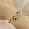 Oro Laminado Charm Bracelet, Gold Filled Style Elephant and Evil Eye Design, with Garnet Crystal, Polished, Golden Finish, 03.213.0216.07 (07 MM Thickness, 7 Inches Length)