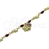Oro Laminado Charm Bracelet, Gold Filled Style Elephant and Evil Eye Design, with Garnet Crystal, Polished, Golden Finish, 03.213.0216.07 (07 MM Thickness, 7 Inches Length)
