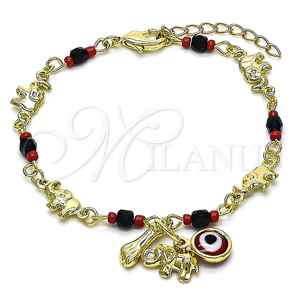 Oro Laminado Charm Bracelet, Gold Filled Style Elephant and Evil Eye Design, with Garnet Crystal, Polished, Golden Finish, 03.213.0216.07 (07 MM Thickness, 7 Inches Length)
