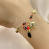 Oro Laminado Charm Bracelet, Gold Filled Style Elephant and Evil Eye Design, with Garnet Crystal, Polished, Golden Finish, 03.213.0217.06 (03 MM Thickness, 6 Inches Length)