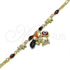 Oro Laminado Charm Bracelet, Gold Filled Style Elephant and Evil Eye Design, with Garnet Crystal, Polished, Golden Finish, 03.213.0217.06 (03 MM Thickness, 6 Inches Length)