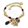 Oro Laminado Charm Bracelet, Gold Filled Style Elephant and Evil Eye Design, with Garnet Crystal, Polished, Golden Finish, 03.213.0217.06 (03 MM Thickness, 6 Inches Length)