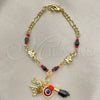 Oro Laminado Charm Bracelet, Gold Filled Style Elephant and Evil Eye Design, with Garnet Crystal, Polished, Golden Finish, 03.213.0217.06 (03 MM Thickness, 6 Inches Length)