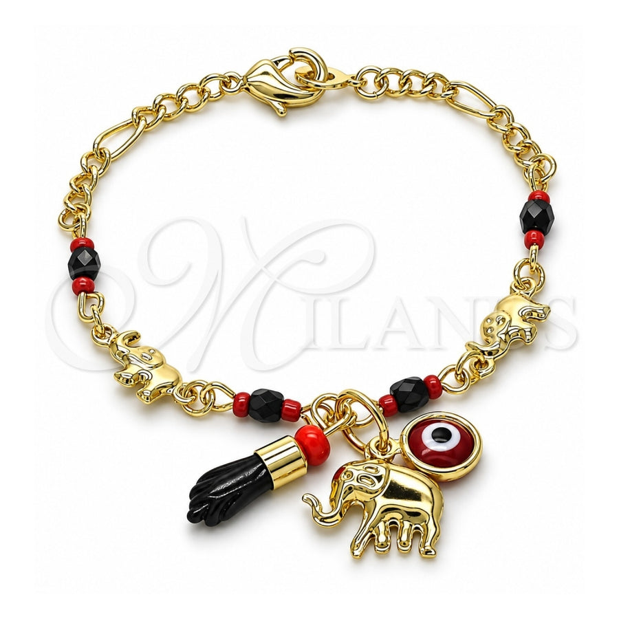 Oro Laminado Charm Bracelet, Gold Filled Style Elephant and Evil Eye Design, with Garnet Crystal, Polished, Golden Finish, 03.213.0217.06 (03 MM Thickness, 6 Inches Length)