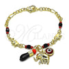 Oro Laminado Charm Bracelet, Gold Filled Style Elephant and Evil Eye Design, with Garnet Crystal, Polished, Golden Finish, 03.213.0217.06 (03 MM Thickness, 6 Inches Length)