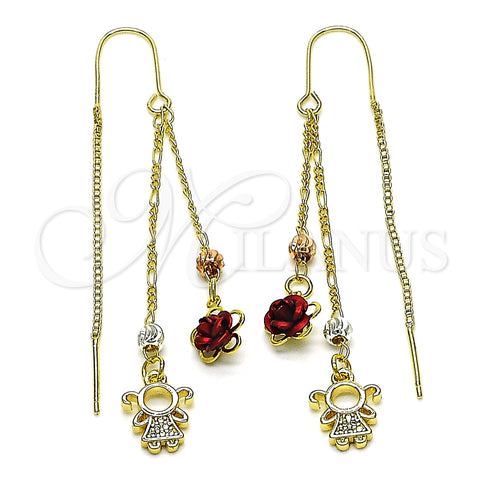 Oro Laminado Threader Earring, Gold Filled Style Little Girl and Flower Design, with White Micro Pave, Polished, Tricolor, 02.253.0078