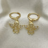 Oro Laminado Dangle Earring, Gold Filled Style Angel and Heart Design, with White Micro Pave, Polished, Golden Finish, 02.253.0084