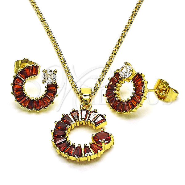 Oro Laminado Earring and Pendant Adult Set, Gold Filled Style Moon and Baguette Design, with Garnet and White Cubic Zirconia, Polished, Golden Finish, 10.316.0071.2