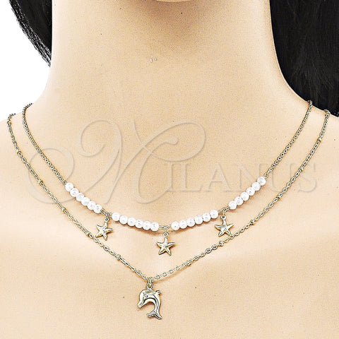 Oro Laminado Fancy Necklace, Gold Filled Style Dolphin and Star Design, with Ivory Pearl, Polished, Golden Finish, 04.213.0287.16 (02 MM Thickness, 16 Inches Length)