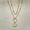Oro Laminado Fancy Necklace, Gold Filled Style Butterfly and Moon Design, with White Micro Pave and Ivory Pearl, White Enamel Finish, Golden Finish, 04.213.0288.16 (01 MM Thickness, 16 Inches Length)