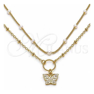 Oro Laminado Fancy Necklace, Gold Filled Style Butterfly and Moon Design, with White Micro Pave and Ivory Pearl, White Enamel Finish, Golden Finish, 04.213.0288.16 (01 MM Thickness, 16 Inches Length)