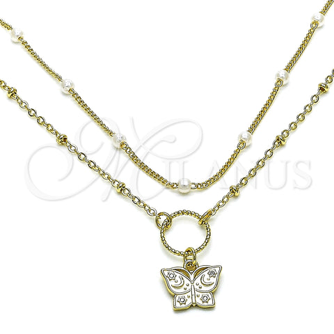 Oro Laminado Fancy Necklace, Gold Filled Style Butterfly and Moon Design, with White Micro Pave and Ivory Pearl, White Enamel Finish, Golden Finish, 04.213.0288.16 (01 MM Thickness, 16 Inches Length)