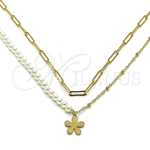 Oro Laminado Fancy Necklace, Gold Filled Style Flower and Paperclip Design, with Ivory Pearl, Polished, Golden Finish, 04.213.0290.16 (03 MM Thickness, 16 Inches Length)