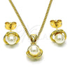 Oro Laminado Earring and Pendant Adult Set, Gold Filled Style Flower Design, with Ivory Pearl, Polished, Golden Finish, 10.156.0467