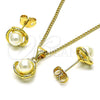 Oro Laminado Earring and Pendant Adult Set, Gold Filled Style Flower Design, with Ivory Pearl, Polished, Golden Finish, 10.156.0467