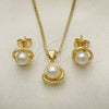 Oro Laminado Earring and Pendant Adult Set, Gold Filled Style Flower Design, with Ivory Pearl, Polished, Golden Finish, 10.156.0467