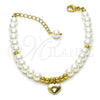 Oro Laminado Fancy Bracelet, Gold Filled Style Heart and Ball Design, with Ivory Pearl, Polished, Golden Finish, 03.405.0014.07 (06 MM Thickness, 7 Inches Length)