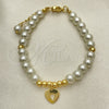 Oro Laminado Fancy Bracelet, Gold Filled Style Heart and Ball Design, with Ivory Pearl, Polished, Golden Finish, 03.405.0014.07 (06 MM Thickness, 7 Inches Length)