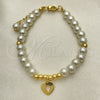 Oro Laminado Fancy Bracelet, Gold Filled Style Heart and Ball Design, with Ivory Pearl, Polished, Golden Finish, 03.405.0014.07 (06 MM Thickness, 7 Inches Length)