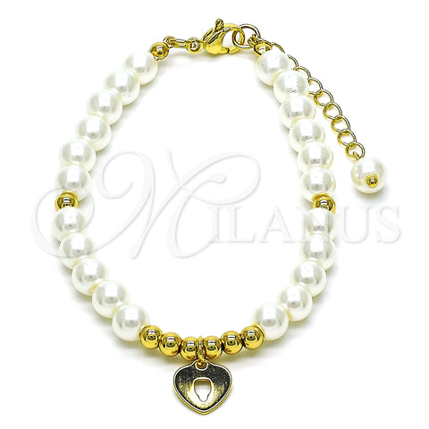 Oro Laminado Fancy Bracelet, Gold Filled Style Heart and Ball Design, with Ivory Pearl, Polished, Golden Finish, 03.405.0014.07 (06 MM Thickness, 7 Inches Length)