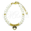 Oro Laminado Fancy Bracelet, Gold Filled Style Heart and Ball Design, with Ivory Pearl, Polished, Golden Finish, 03.405.0014.07 (06 MM Thickness, 7 Inches Length)