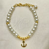 Oro Laminado Fancy Bracelet, Gold Filled Style Anchor and Ball Design, with Ivory Pearl, Polished, Golden Finish, 03.405.0015.07 (06 MM Thickness, 7 Inches Length)