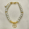 Oro Laminado Fancy Bracelet, Gold Filled Style Four-leaf Clover and Ball Design, with Ivory Pearl, Polished, Golden Finish, 03.405.0016.07 (06 MM Thickness, 7 Inches Length)