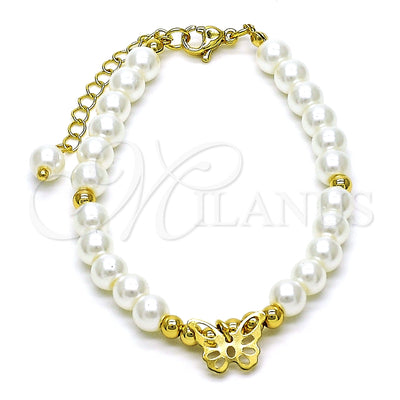 Oro Laminado Fancy Bracelet, Gold Filled Style Butterfly and Ball Design, with Ivory Pearl, Polished, Golden for wholesale, main product view