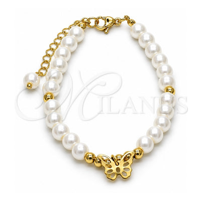 Oro Laminado Fancy Bracelet, Gold Filled Style Butterfly and Ball Design, with Ivory Pearl, Polished, Golden Finish, 03.405.0017.07 (06 MM Thickness, 7 Inches Length)