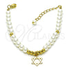 Oro Laminado Fancy Bracelet, Gold Filled Style Star of David and Ball Design, with Ivory Pearl, Polished, Golden Finish, 03.405.0020.07 (06 MM Thickness, 7 Inches Length)