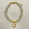 Oro Laminado Fancy Bracelet, Gold Filled Style Star of David and Ball Design, with Ivory Pearl, Polished, Golden Finish, 03.405.0020.07 (06 MM Thickness, 7 Inches Length)