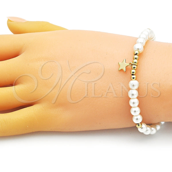 Oro Laminado Fancy Bracelet, Gold Filled Style Star and Ball Design, with Ivory Pearl, Polished, Golden Finish, 03.405.0021.07 (06 MM Thickness, 7 Inches Length)