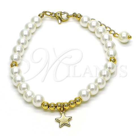 Oro Laminado Fancy Bracelet, Gold Filled Style Star and Ball Design, with Ivory Pearl, Polished, Golden Finish, 03.405.0021.07 (06 MM Thickness, 7 Inches Length)