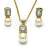 Oro Laminado Earring and Pendant Adult Set, Gold Filled Style with White Cubic Zirconia and Ivory Pearl, Polished, Golden Finish, 10.156.0470