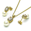 Oro Laminado Earring and Pendant Adult Set, Gold Filled Style with White Cubic Zirconia and Ivory Pearl, Polished, Golden Finish, 10.156.0470