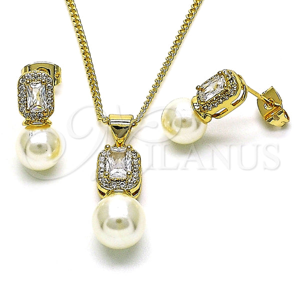 Oro Laminado Earring and Pendant Adult Set, Gold Filled Style with White Cubic Zirconia and Ivory Pearl, Polished, Golden Finish, 10.156.0470