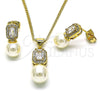 Oro Laminado Earring and Pendant Adult Set, Gold Filled Style with White Cubic Zirconia and Ivory Pearl, Polished, Golden Finish, 10.156.0470