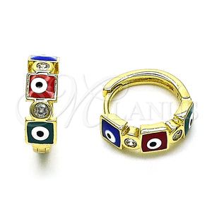 Gold Filled Hoop Earrings — Huggie Hoop Evil Eye Design with White Cubic — main product view — SKU 152229 | Oro Laminado aretes de aro — Huggie Hoop Evil Eye diseño with blanco Cubic — SKU 152229